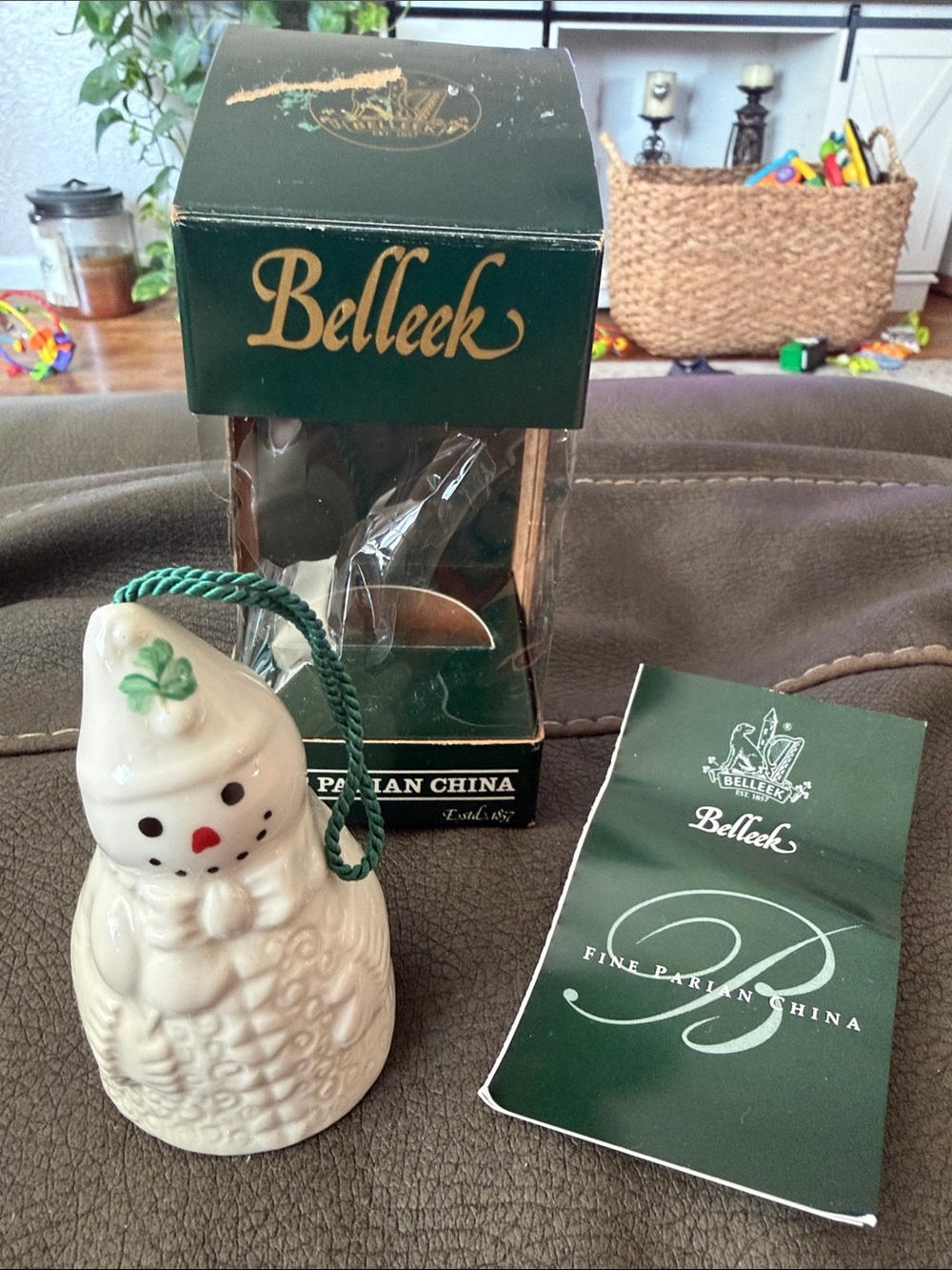 Belleek White Porcelain Snowman Ornament with Green Cord